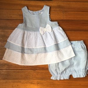 Pale Blue and White Linen Dress and bloomers 18mos